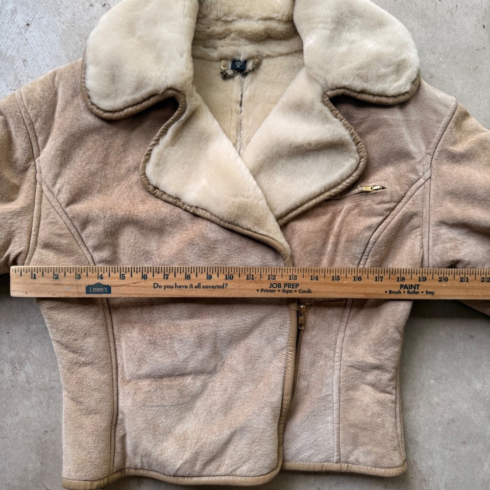 Vintage Tan Faux Suede Shearling Aviator Jacket M Cream Fur Collar Zip Up Coat - Picture 4 of 7